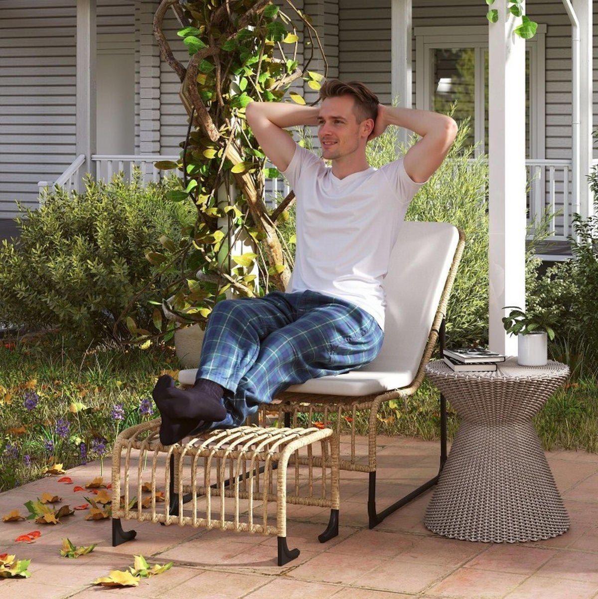 GARTEN-RELAXSESSEL aus Rattan & Metall 65x93x80 cm in Beige mit Fußhocker - Beige, Metall (65/80/96cm) - Modfu