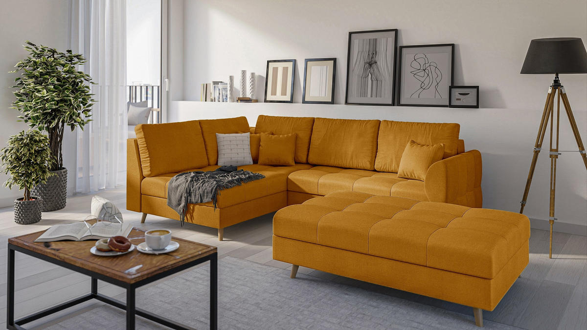 ECKSOFA MIT HOCKER Lorine Mikrofaser Gelb - Hellbraun/Gelb, Buchenholz/Textil (231/161cm) - S-Style Möbel