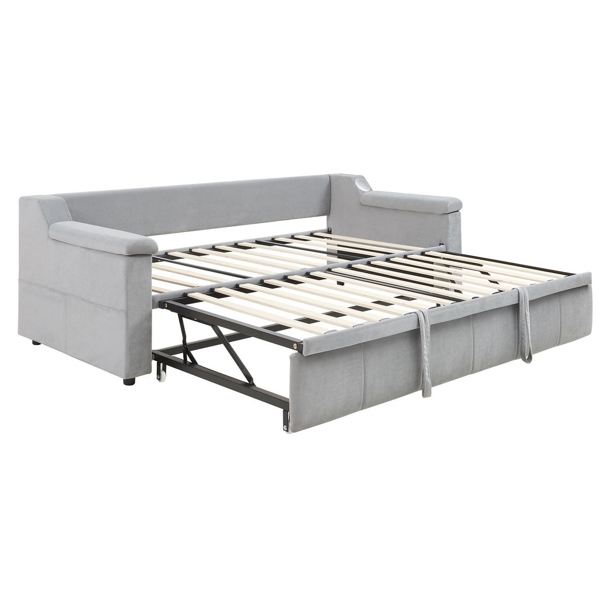 POLSTERBETT 90/190 cm mit hydraulischem Auszug, Bluetooth-Stereo, USB und Ablagefächern, Grau - Grau, Textil (90/190cm) - Redom