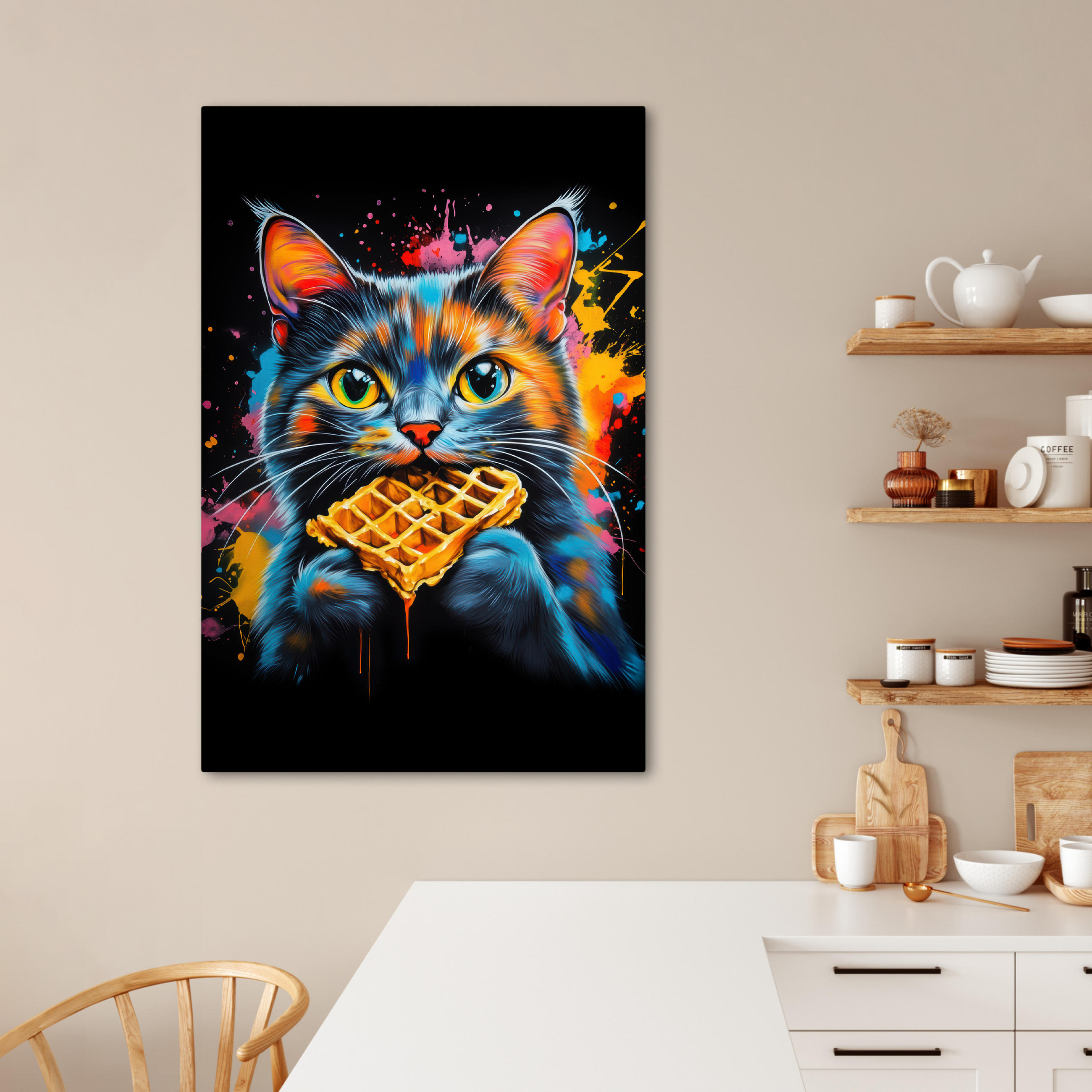 LEINWANDBILD Katze - Graffiti - Bunt - Waffel - Essen 80x120 cm - Türkis, Textil (80/120cm) - MuchoWow