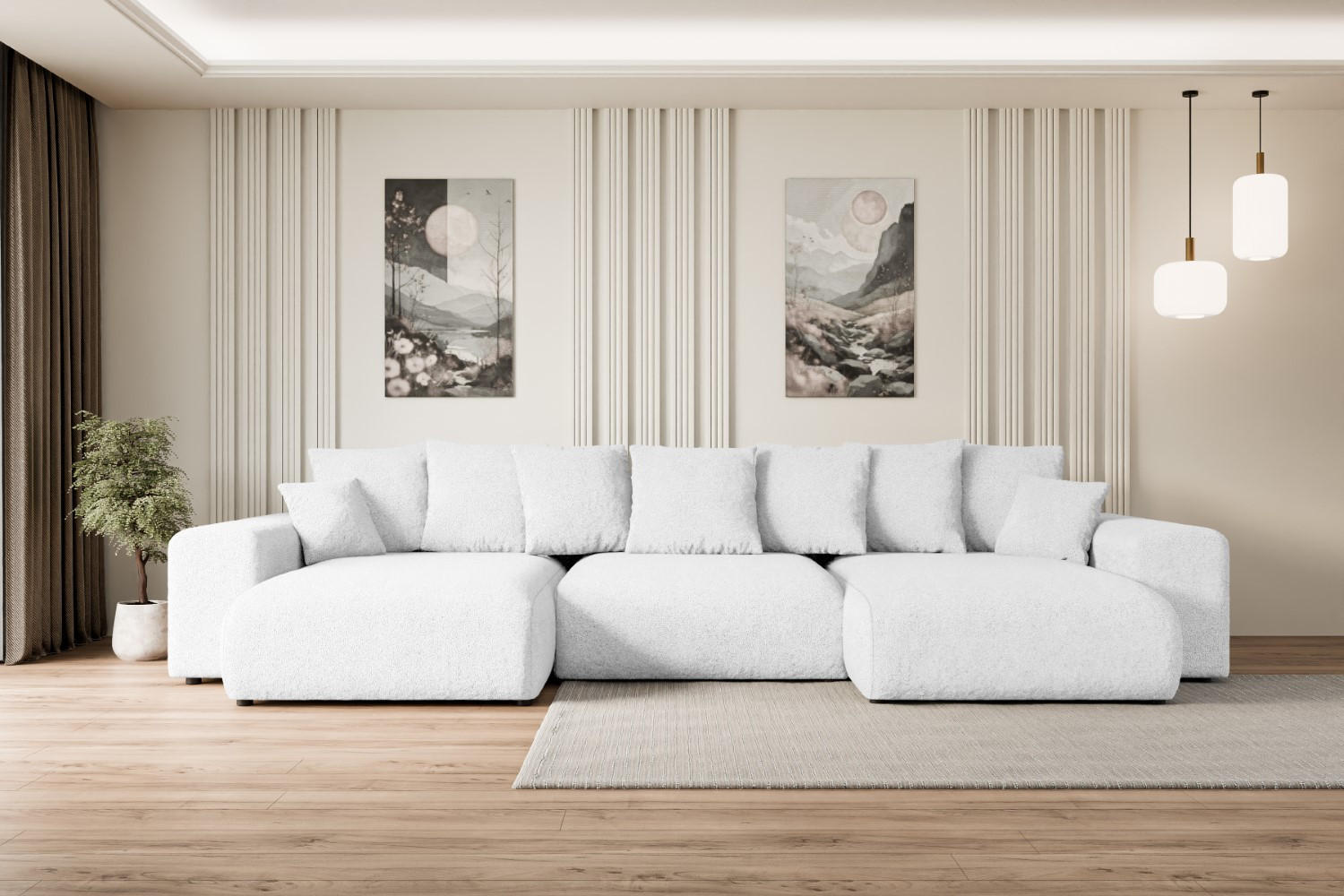 WOHNLANDSCHAFT mit Schlaffunktion und Bettkasten ESKAR-U -352x165x84cm Weiß Bouclé - Schwarz/Weiß, Holzwerkstoff/Kunststoff (352/84/165cm) - ALTDECOR