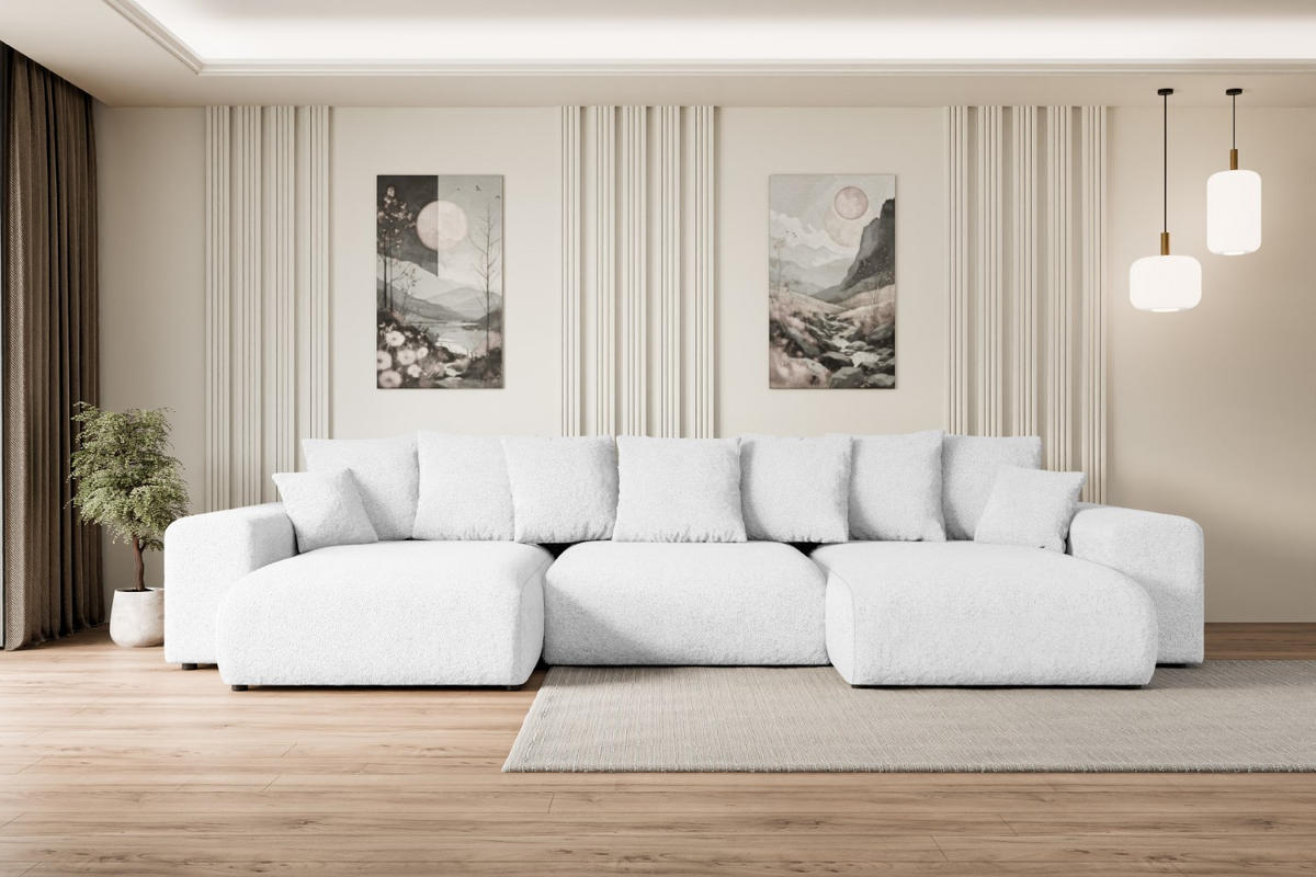 WOHNLANDSCHAFT mit Schlaffunktion und Bettkasten ESKAR-U -352x165x84cm Weiß Bouclé - Schwarz/Weiß, Holzwerkstoff/Kunststoff (352/84/165cm) - ALTDECOR