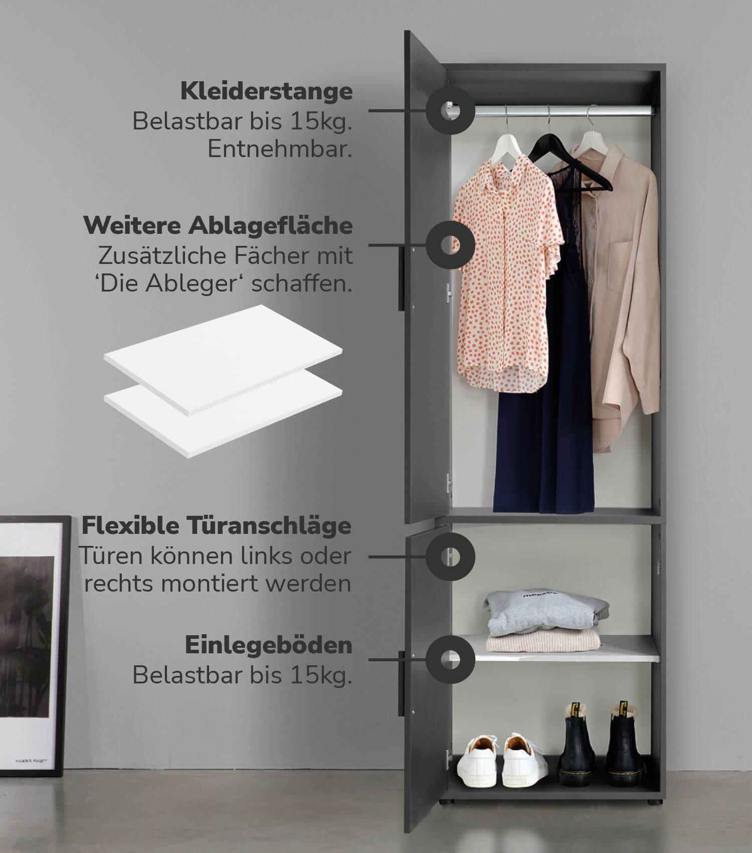 KLEIDERSCHRANK Der Grenzenlose - Anthrazit, Holzwerkstoff (60/187/58cm) - Mokebo
