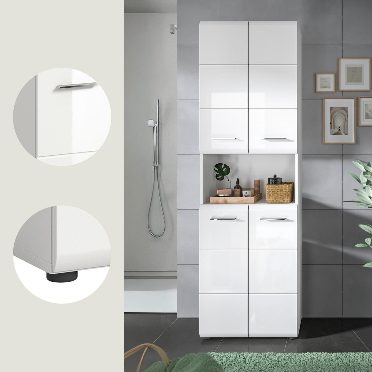 HOCHSCHRANK breit Ice Bad in weiß Nachbildung und weiß hochglanz B/H/T: 60x185x30 cm - Weiß, Holz (60/185/30cm)