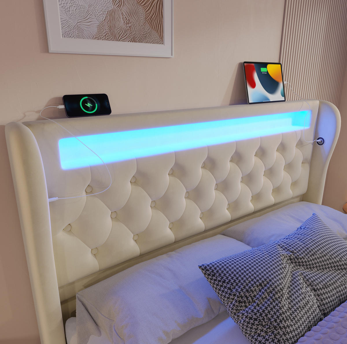 POLSTERBETT mit LED, Stauraum und Ladestation 140x200 cm Samt Beige inkl. Matratze - Beige, Metall (140/200cm) - Meubliv