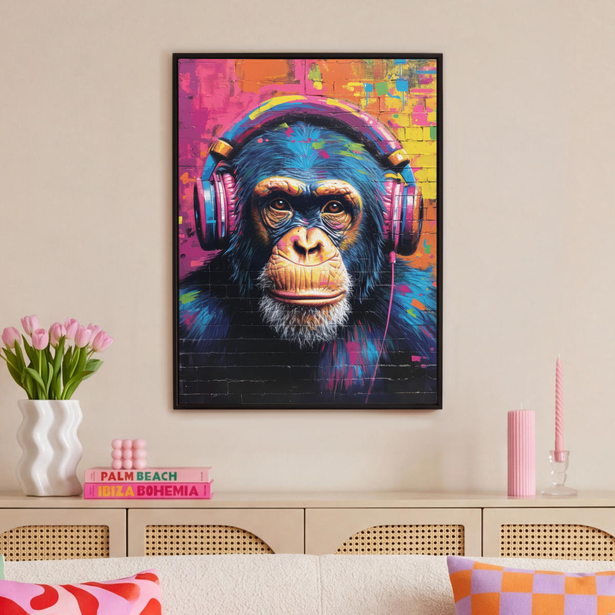 LEINWAND Bilder mit Rahmen - Graffiti - Schimpanse - Straßenkunst - Kopfhörer - Affe - 70x100 - Blau, Textil (70/100cm) - MuchoWow