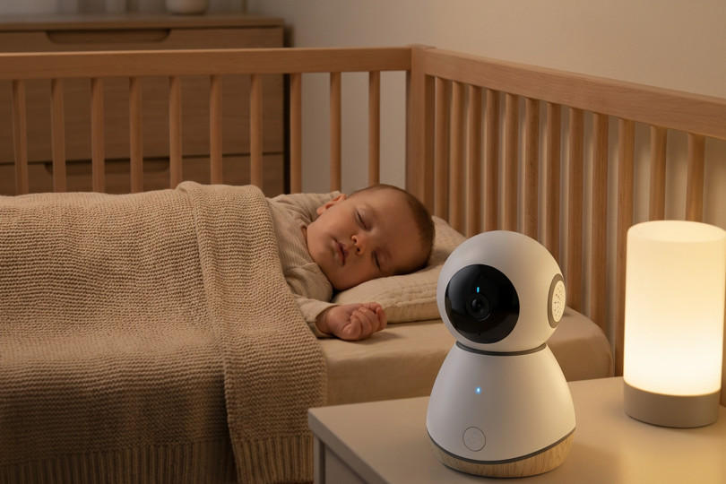 Schlafendes Baby mit Maxi Cosi Babyphone Kamera auf dem Nachttisch