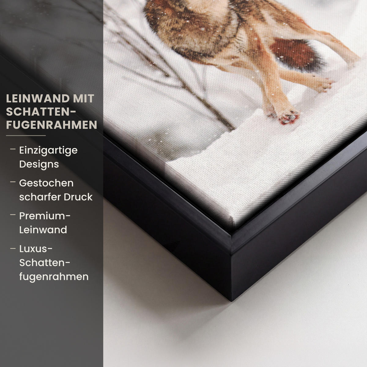 LEINWAND Bilder mit Rahmen - Wolf - Winter - Schnee - Natur - Tiere - 20x20 - Haselnussfarben, Textil (20/20cm) - MuchoWow