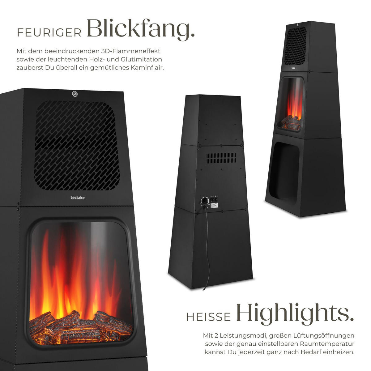 ELEKTROKAMIN Soleil,integriertes Thermostat,schwarz - Schwarz, Metall (45/120/35cm) - tectake