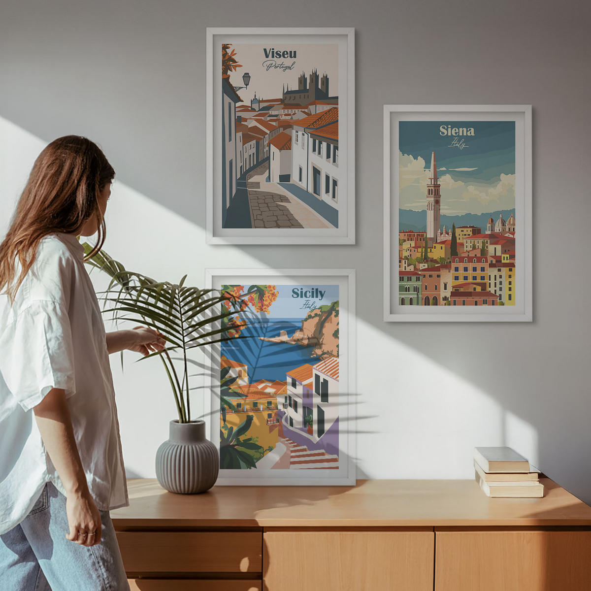 BILDER SET 3er Set - 40x60 cm Weißer Rahmen - Retro-Illustrationen von Weltstädten - Weiß, Kunststoff (40/60cm) - TULUP