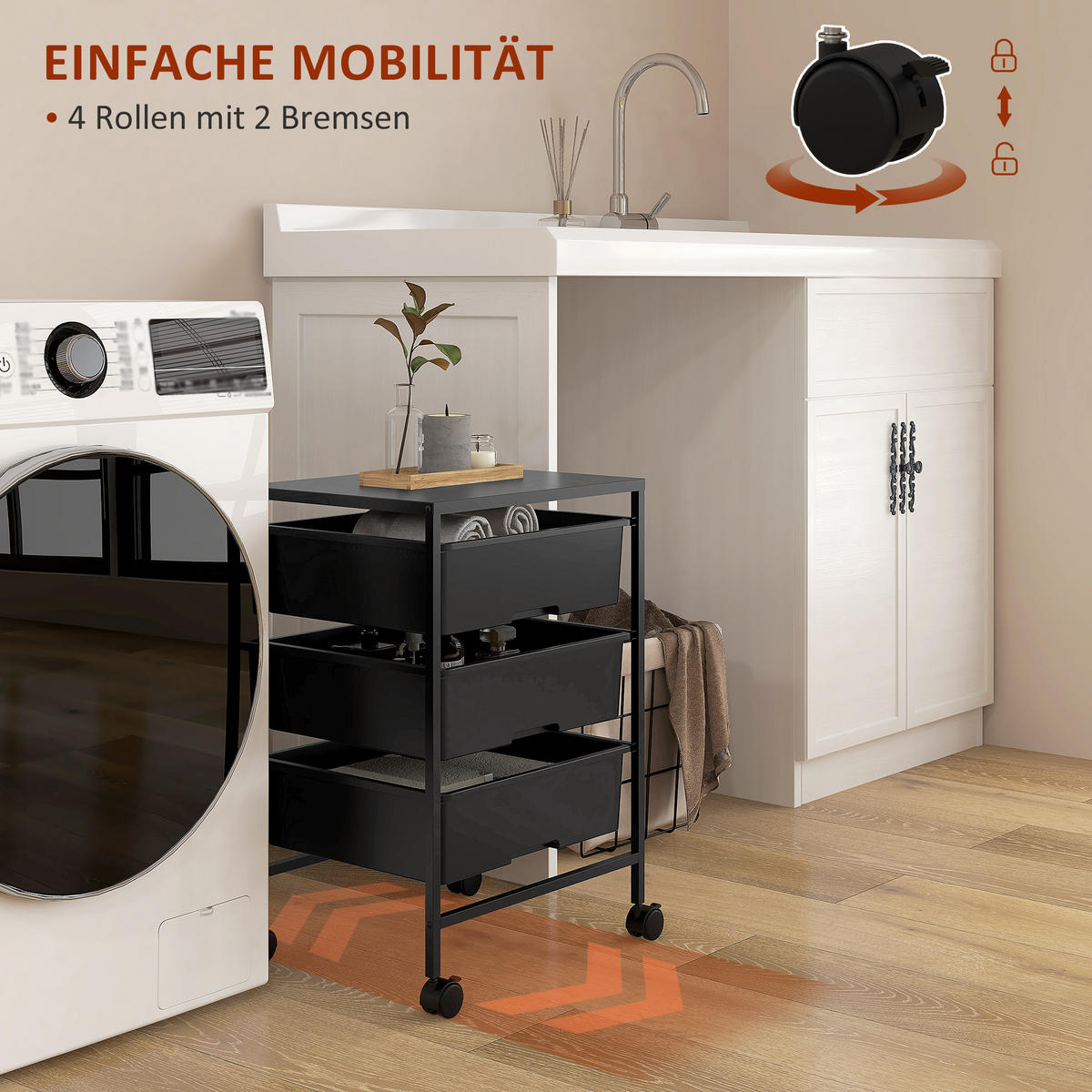 ROLLWAGEN, Servierwagen mit 3 Etagen, 40,8 x 33,5 x 60,5 cm, Schwarz - Schwarz, Metall (40.8/60.5/33.5cm) - HOMCOM