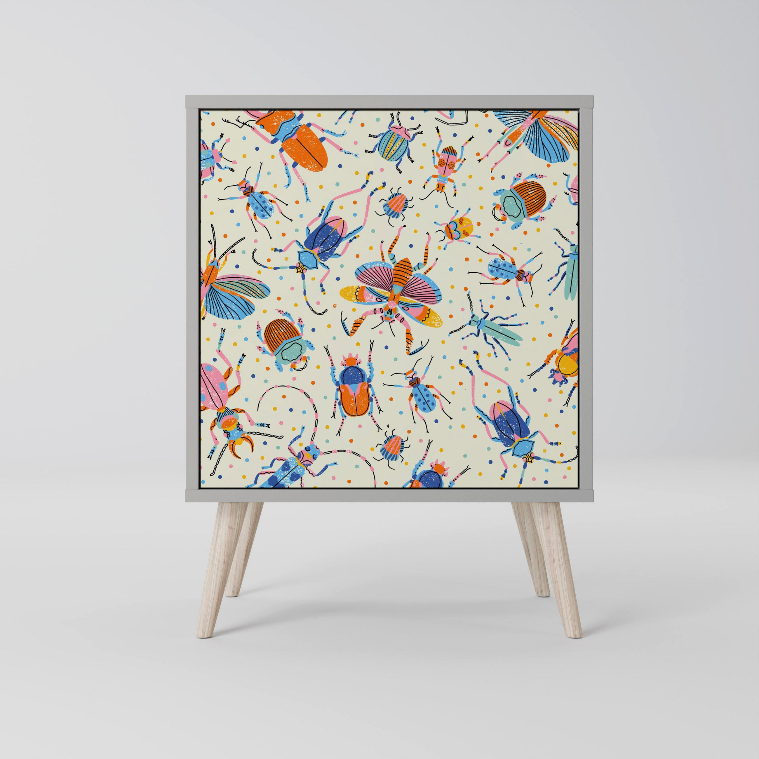 SIDEBOARD COLORFUL INSECTS, Grau, 57,5x42x77,5 cm, Schräge Buchenholzfüße - Buchefarben/Multicolor, Holzwerkstoff/Buchenholz (57.5/77.5/42cm) - SpaceRebels