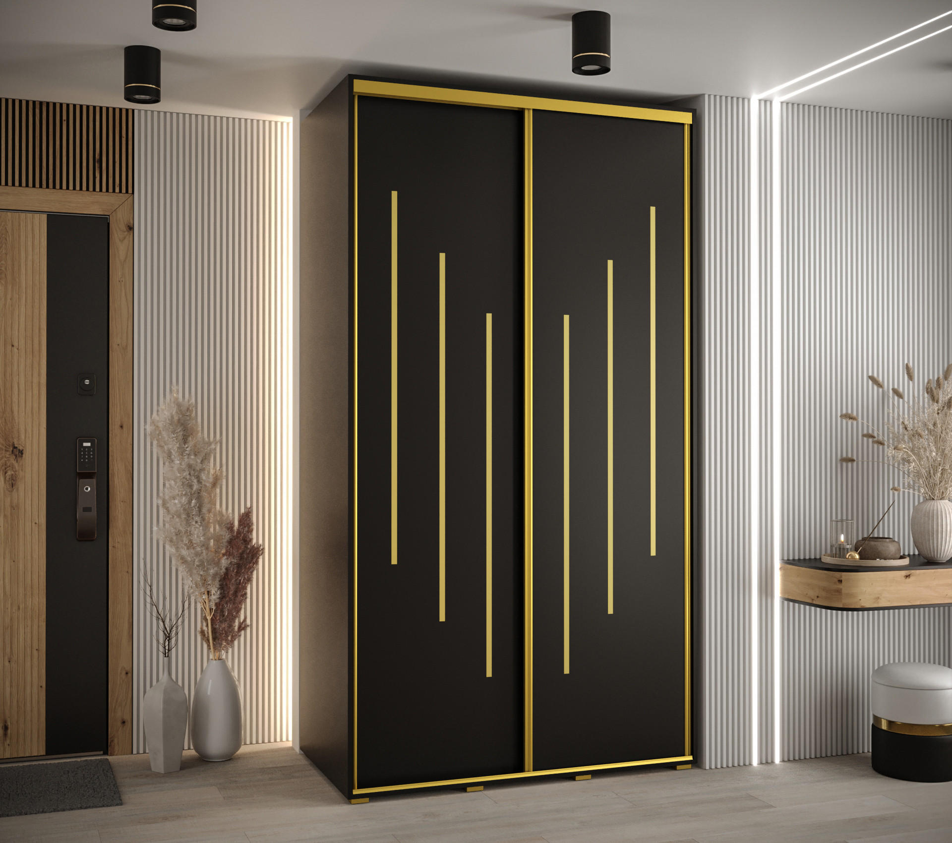 SCHWEBETÜRENSCHRANK 235,2/140/45 2-türig - Goldfarben/Schwarz, Holz/Metall (140/235/45cm) - Abiks Möbel