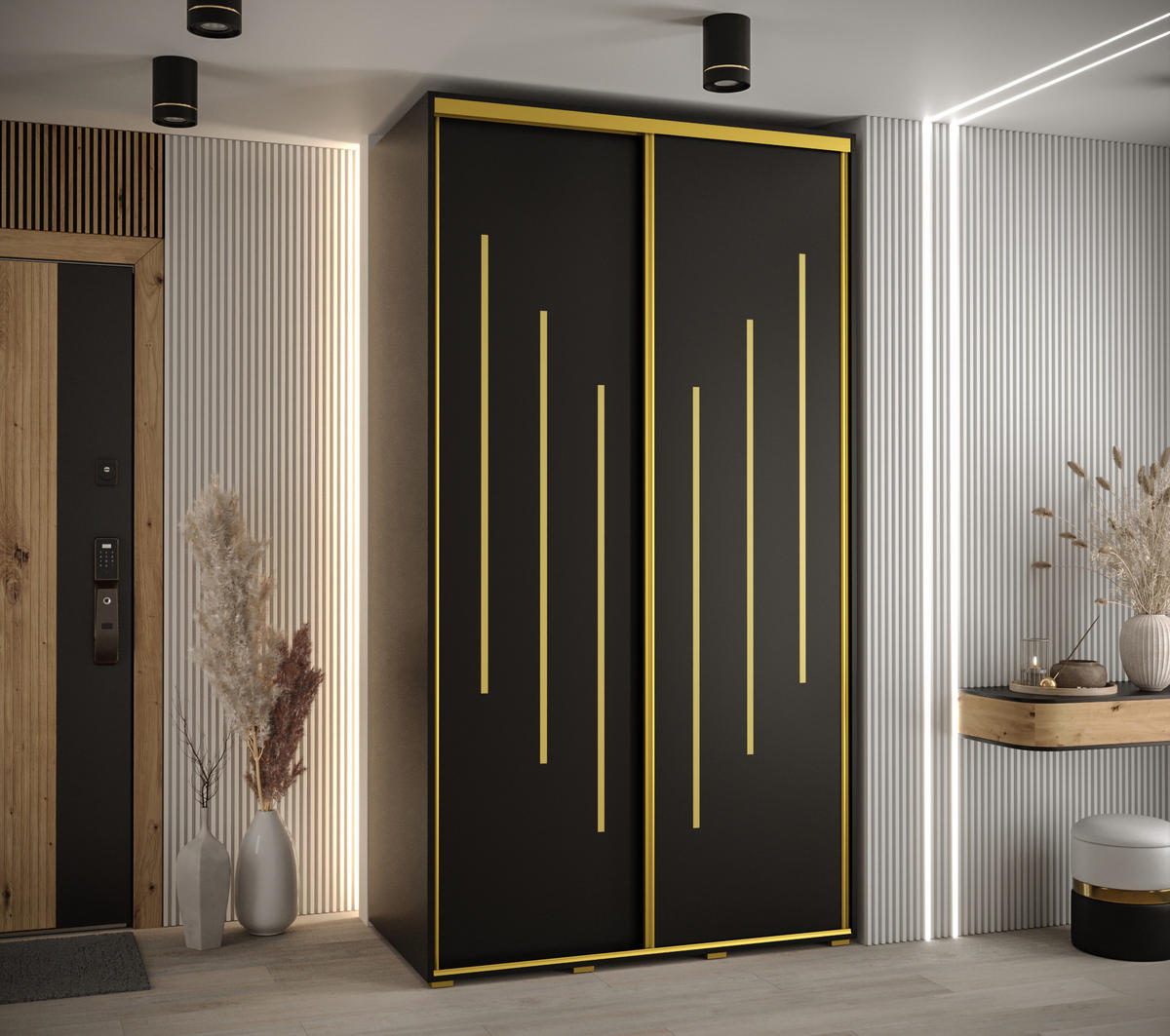 SCHWEBETÜRENSCHRANK 235,2/140/45 2-türig - Goldfarben/Schwarz, Holz/Metall (140/235/45cm) - Abiks Möbel
