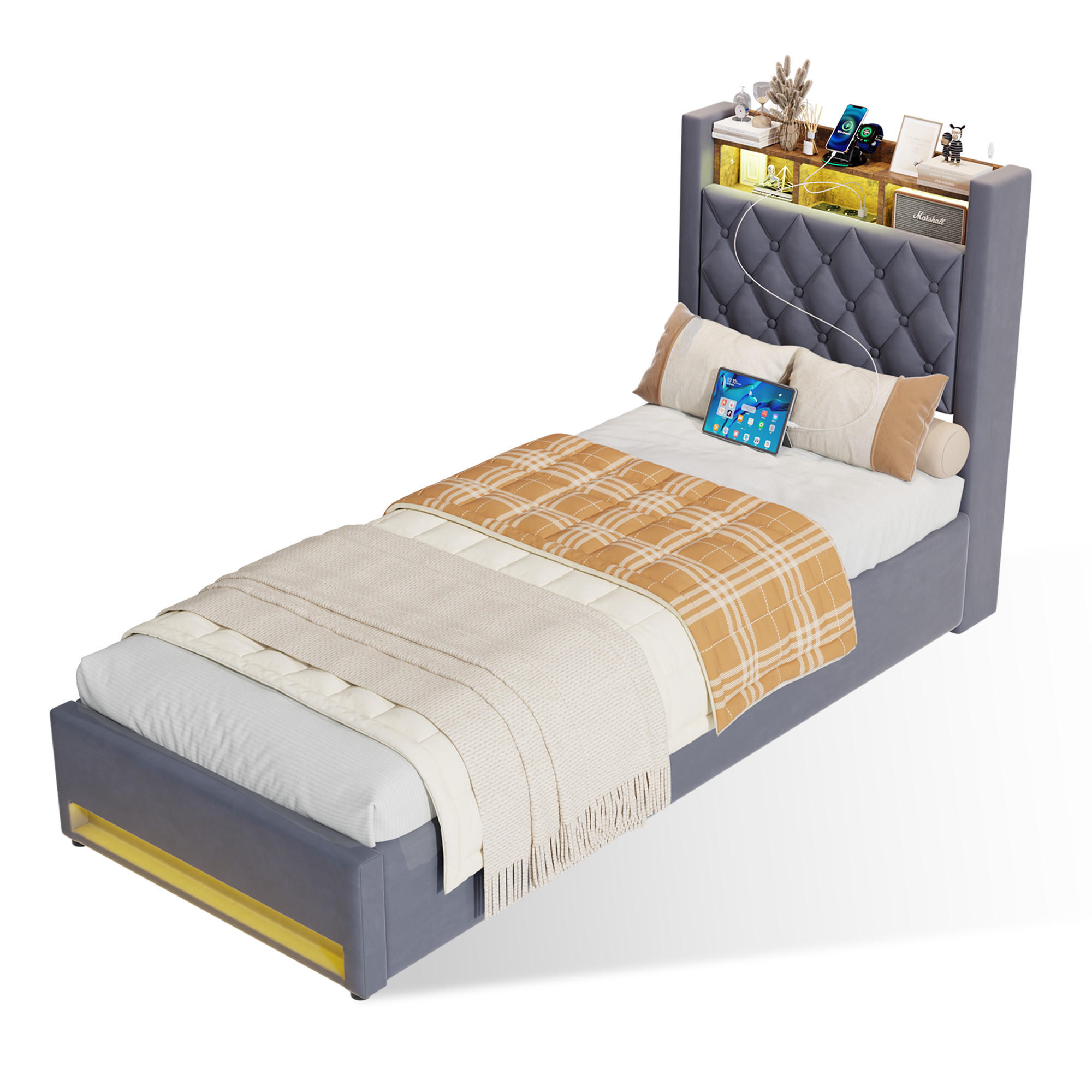 POLSTERBETT 90/190 cm Grau mit LED-Lichtleiste und USB-Anschlüssen - Grau, Holzwerkstoff (90/190cm) - OKWISH