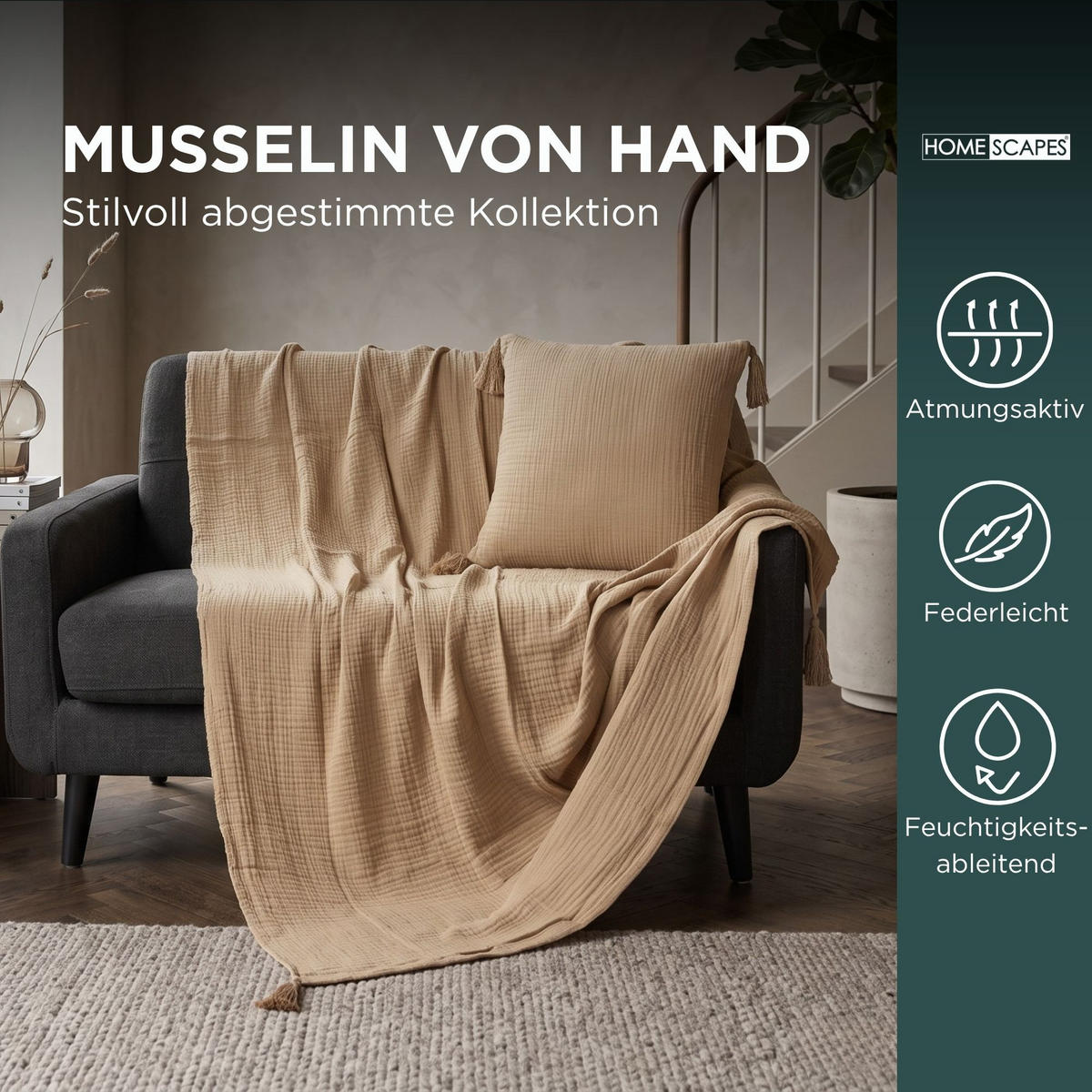 DEKOKISSEN Musselin mokka mit Quasten, 45/45 cm - Mokka, Textil (45/45cm) - Homescapes
