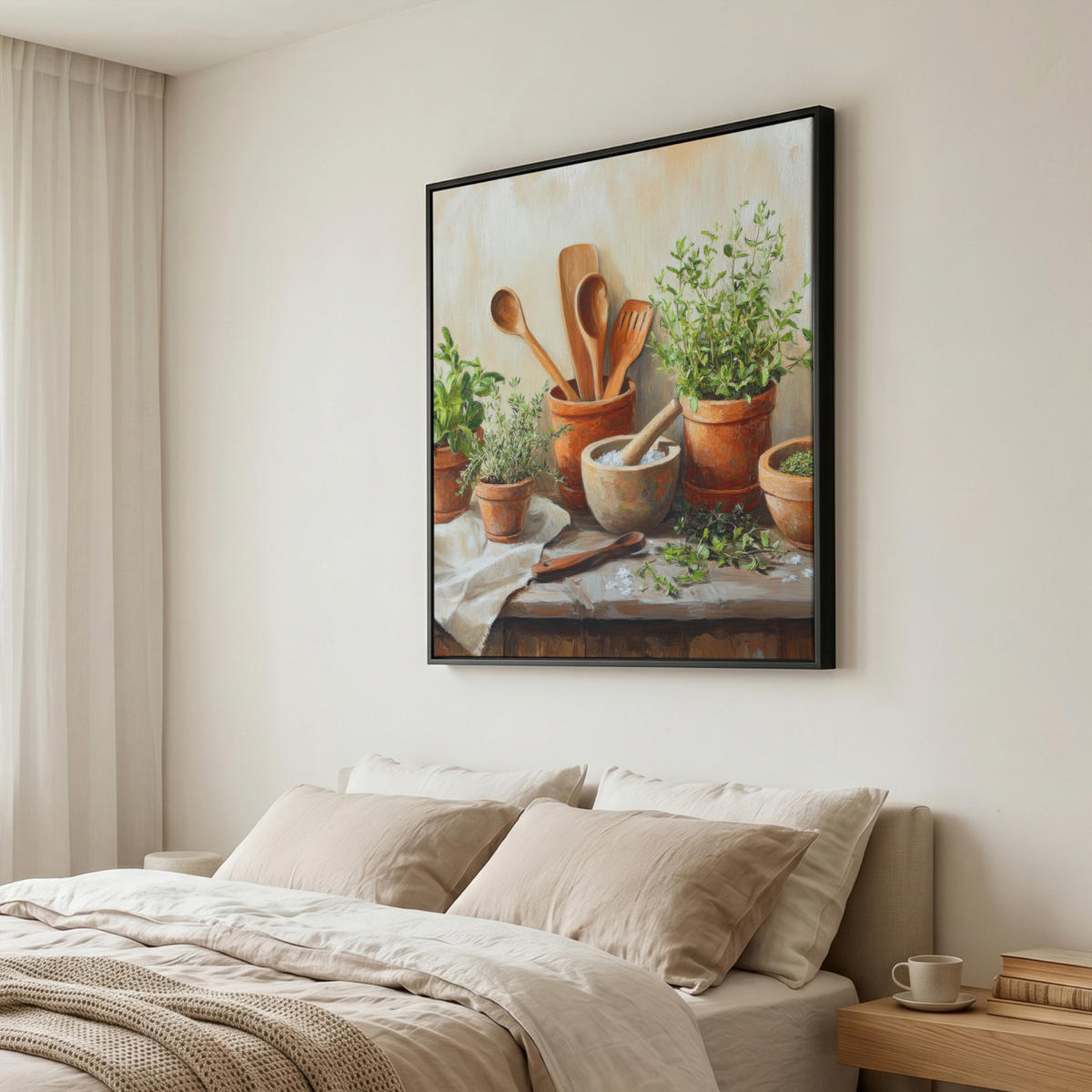LEINWAND Bilder mit Rahmen - Töpfe - Kräuter - Holz - 90x90 - Terracotta, Textil (90/90cm) - MuchoWow