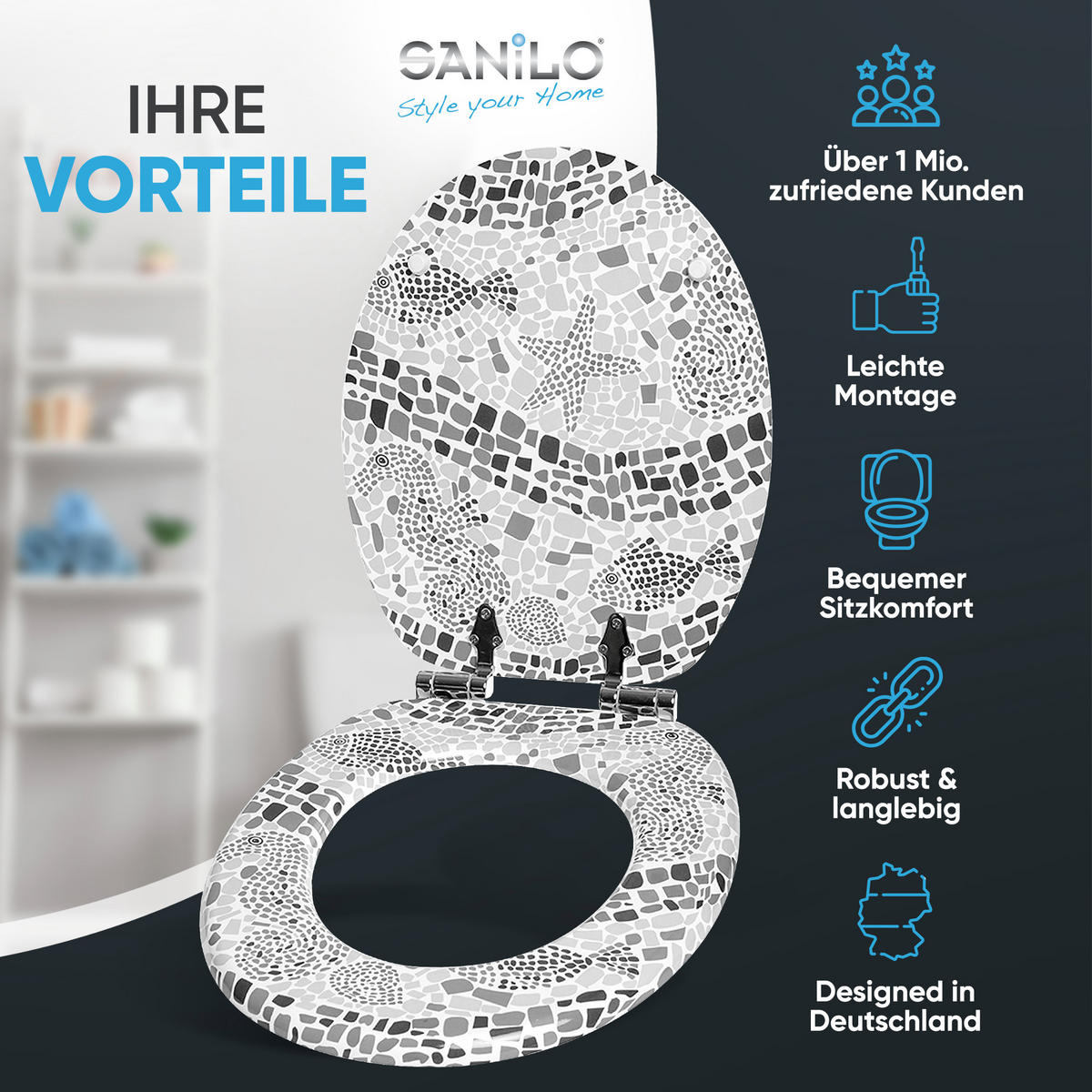 WC-SITZ Soft Close Mosaic World Grey - Grau, Holzwerkstoff (38/6/47cm) - Sanilo