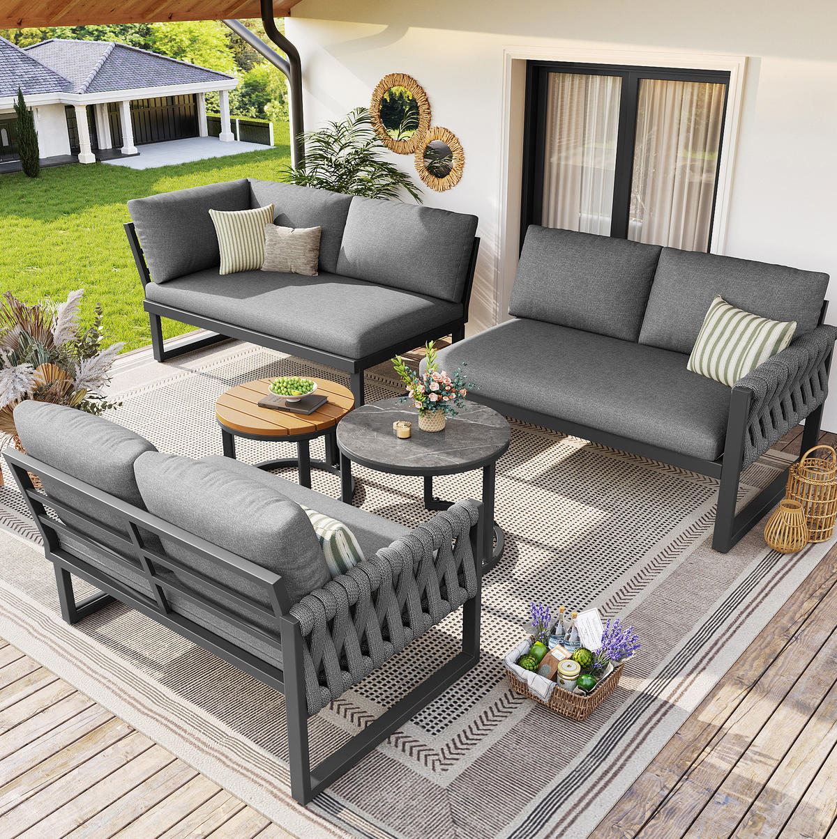 GARTENMÖBELSET modular 5-tlg. mit 2 Tischen Grau - Grau, Metall - Beauniv