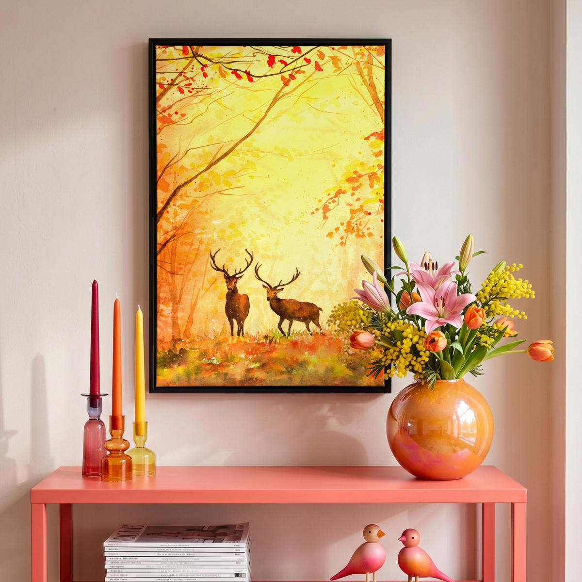 LEINWAND Bilder mit Rahmen - Natur - Ölfarbe - Hirsche - Tiere - Herbst - Orange - 40x60 - Orange, Textil (40/60cm) - MuchoWow