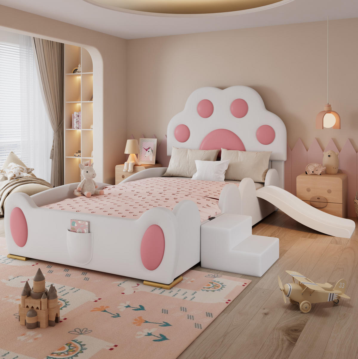 KINDERBETT aus PU 90x200 cm Weiß/Rosa mit Rutsche, zweistufiger Leiter und Katzenpfoten-Kopfteil - Weiß, Kunststoff (90/200cm) - Modfu
