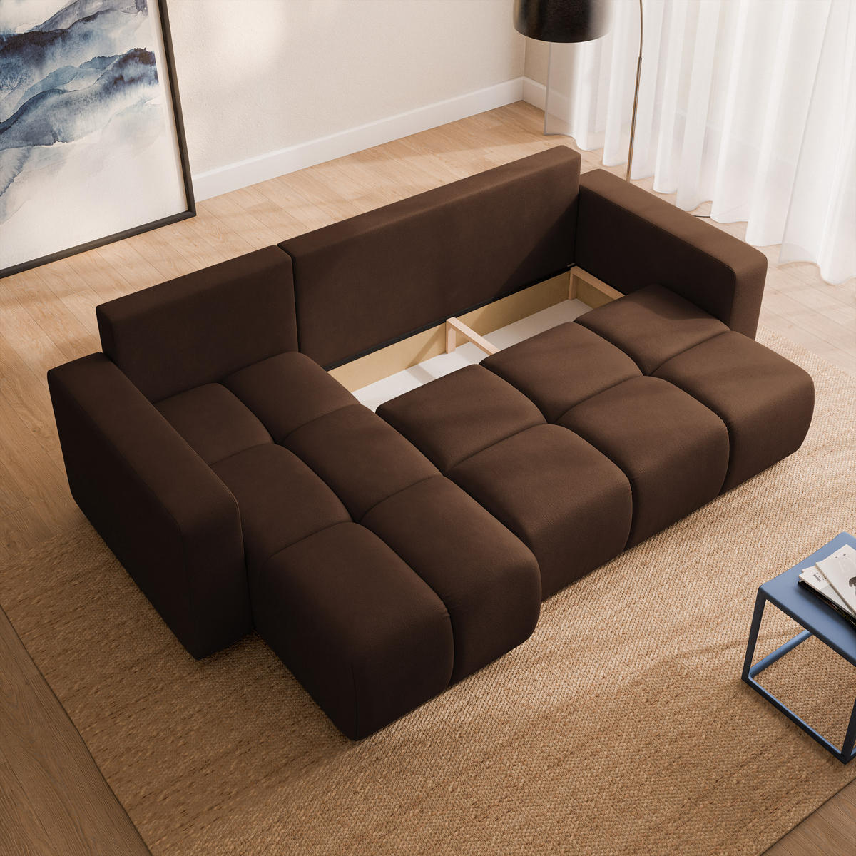 ECKSOFA RAMIL Braun Plüsch-Stoff mit Schlaffunktion - Braun, Holz (240/149cm) - MASSENO