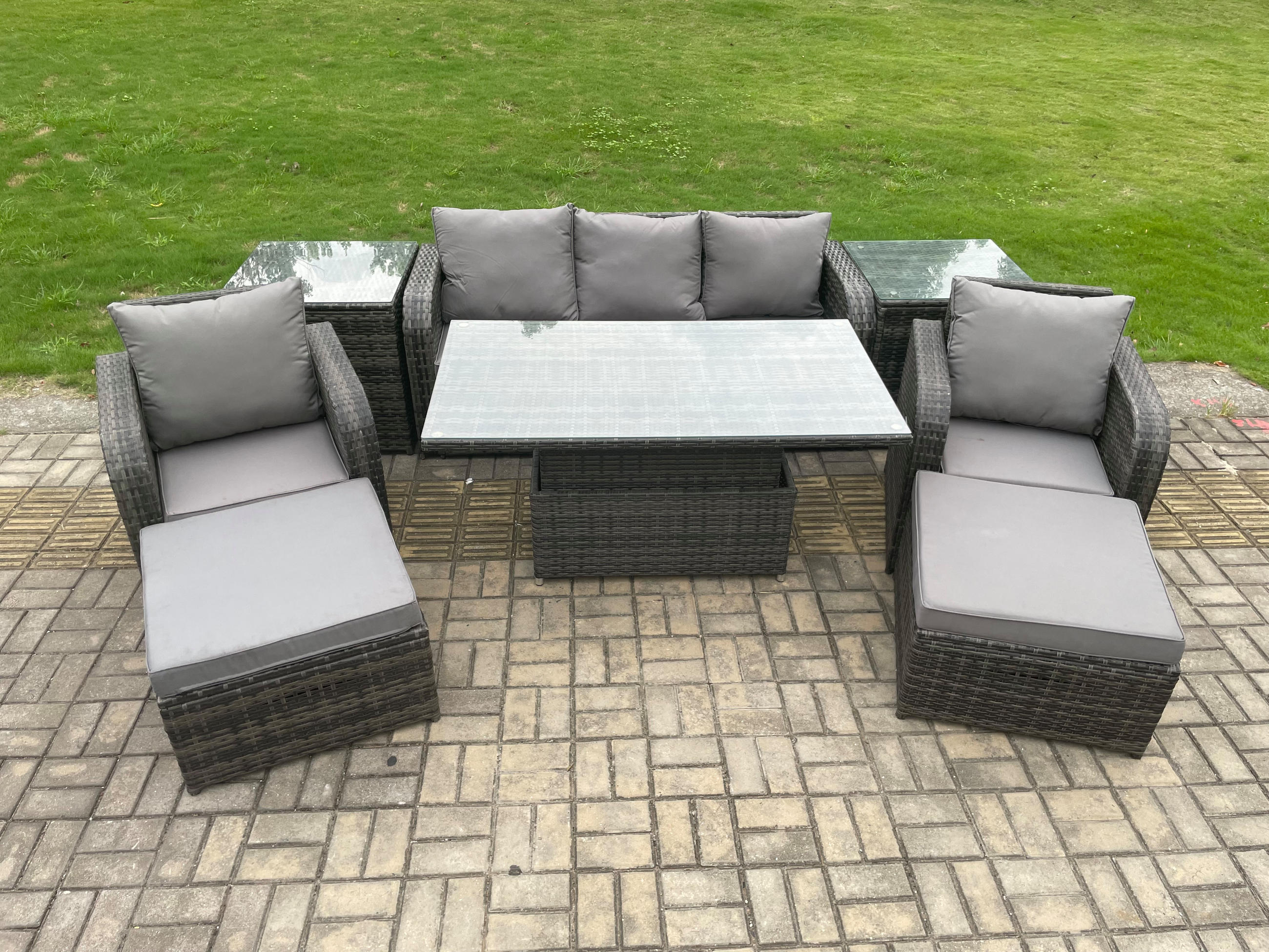 GARTENMÖBEL-SET HÖHENVERSTELLBARER ESSTISCH LOUNGE SOFA HOCKER Polyrattan Outdoor 7-Sitzer - Dunkelgrau/Grau, Glas/Kunststoff - Fimous