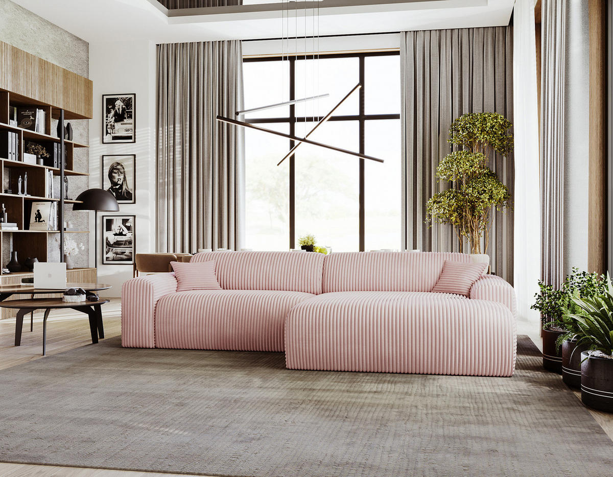 ECKSOFA mit Longchair - Cord - Schwarz/Altrosa, Kunststoff/Textil (284/178cm) - home24