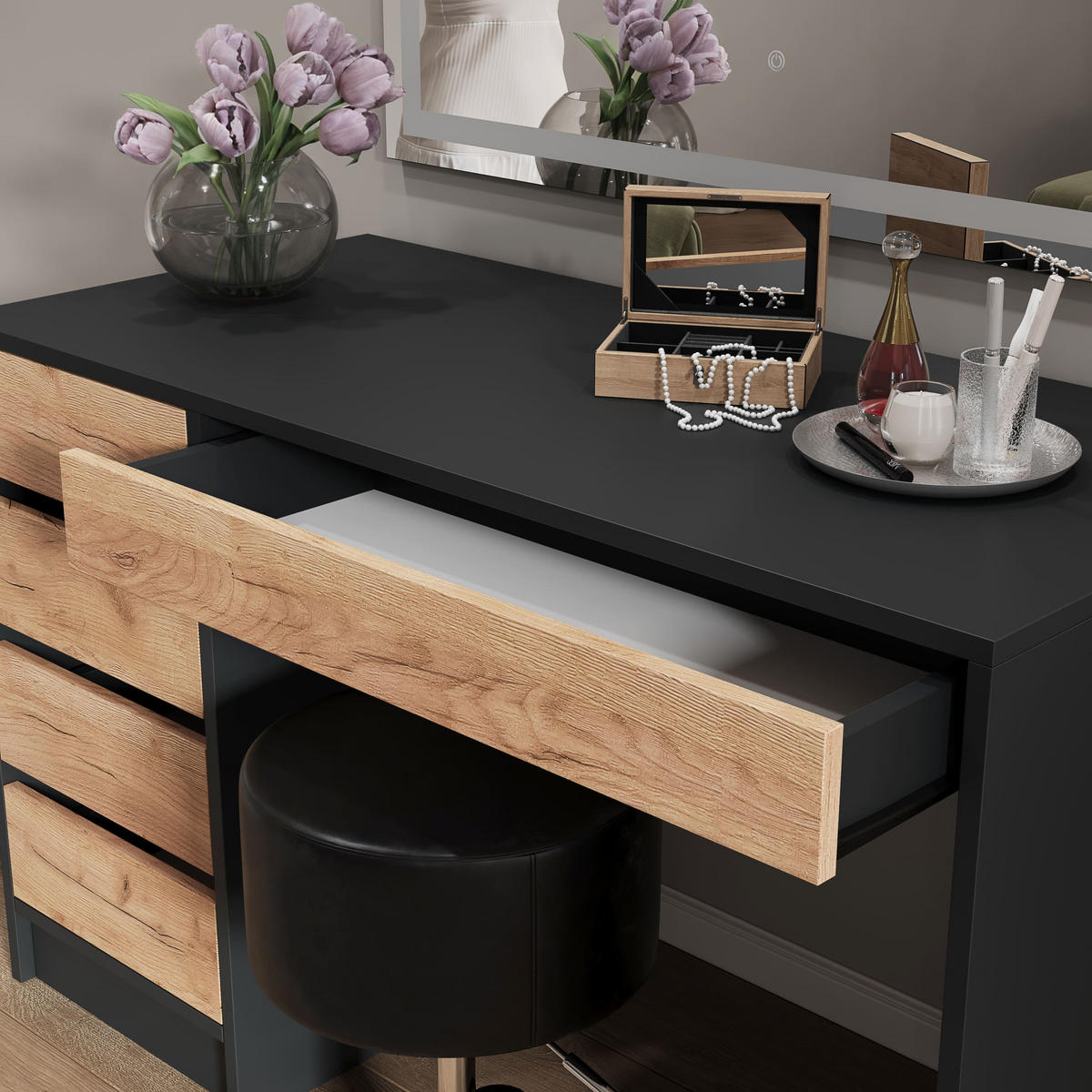 SCHMINKTISCH Sherry Anthrazit/Goldkraft Eiche 120 x 75 cm mit LED-Spiegel und Hocker - Honigeiche/Anthrazit, Holzwerkstoff (120/75/55cm) - Vicco