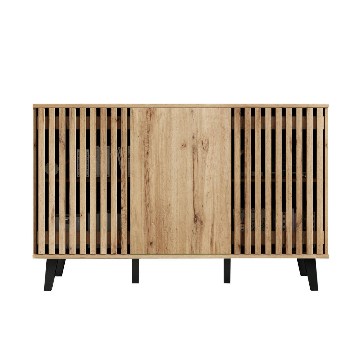SIDEBOARD aus Spanplatte 150x40x95 cm Naturholz/Schwarz mit 3 Türen und 6 Fächern - Naturfarben, Holzwerkstoff (150/95/40cm) - IVMEU