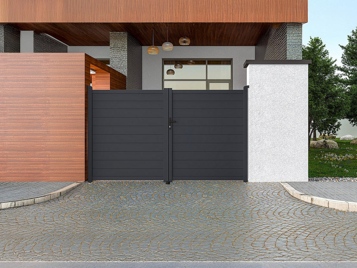 FLÜGELTOR - 300cm x 4.6cm - Aluminium - anthrazitgrau - NAZARIO - Anthrazit, Metall (300/176cm) - Vente-Unique