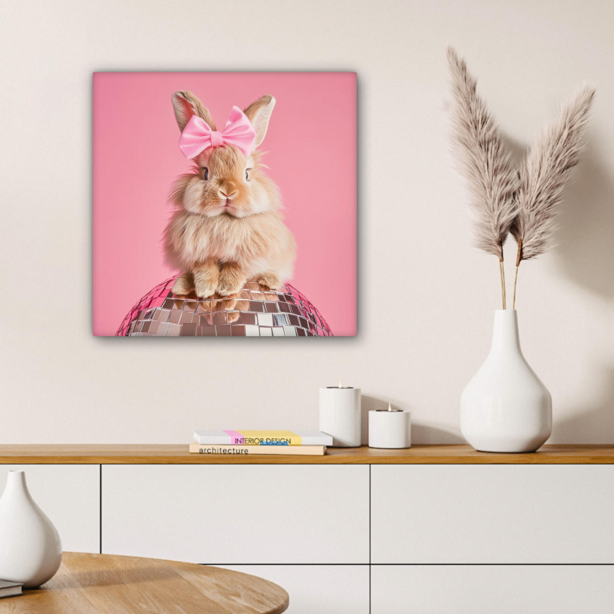 LEINWANDBILD Schleife - Discoball - Kaninchen Wandbild Wohnzimmer 50x50 cm - Pink, Textil (50/50cm) - MuchoWow