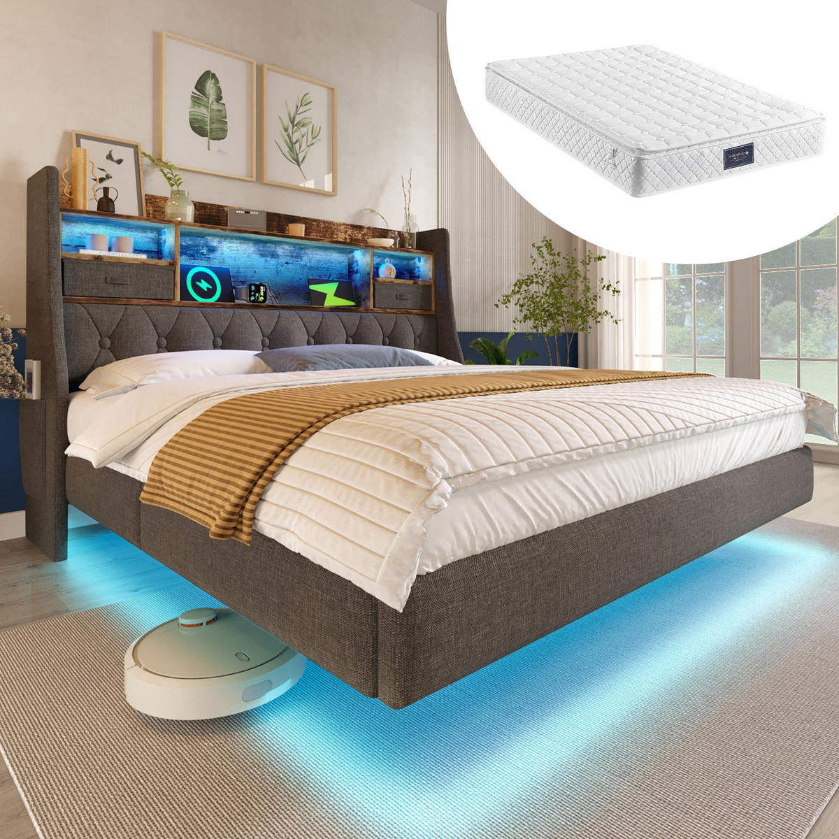 POLSTERBETT 160/200 cm DE-01055, in Grau, mit LED, USB-C und Matratze - Grau, Holz (160/200cm) - ComfortXL
