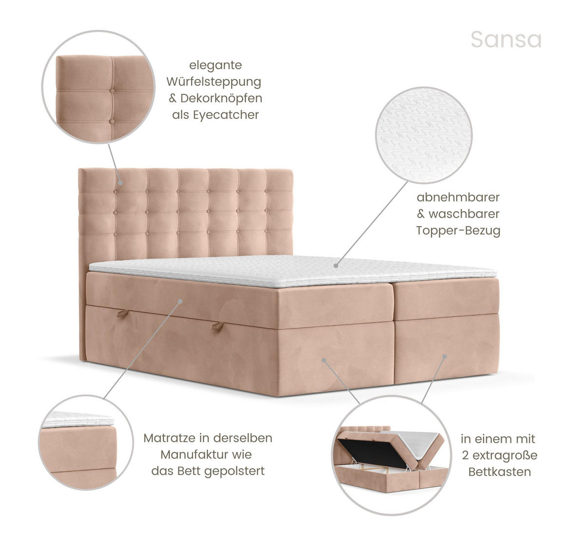BOXBETT Sansa Korallenfarbe 120/200 cm mit Taschenmatratze und Topper - Koralle/Schwarz, Holz/Holzwerkstoff (120/200cm) - Maison de Reve