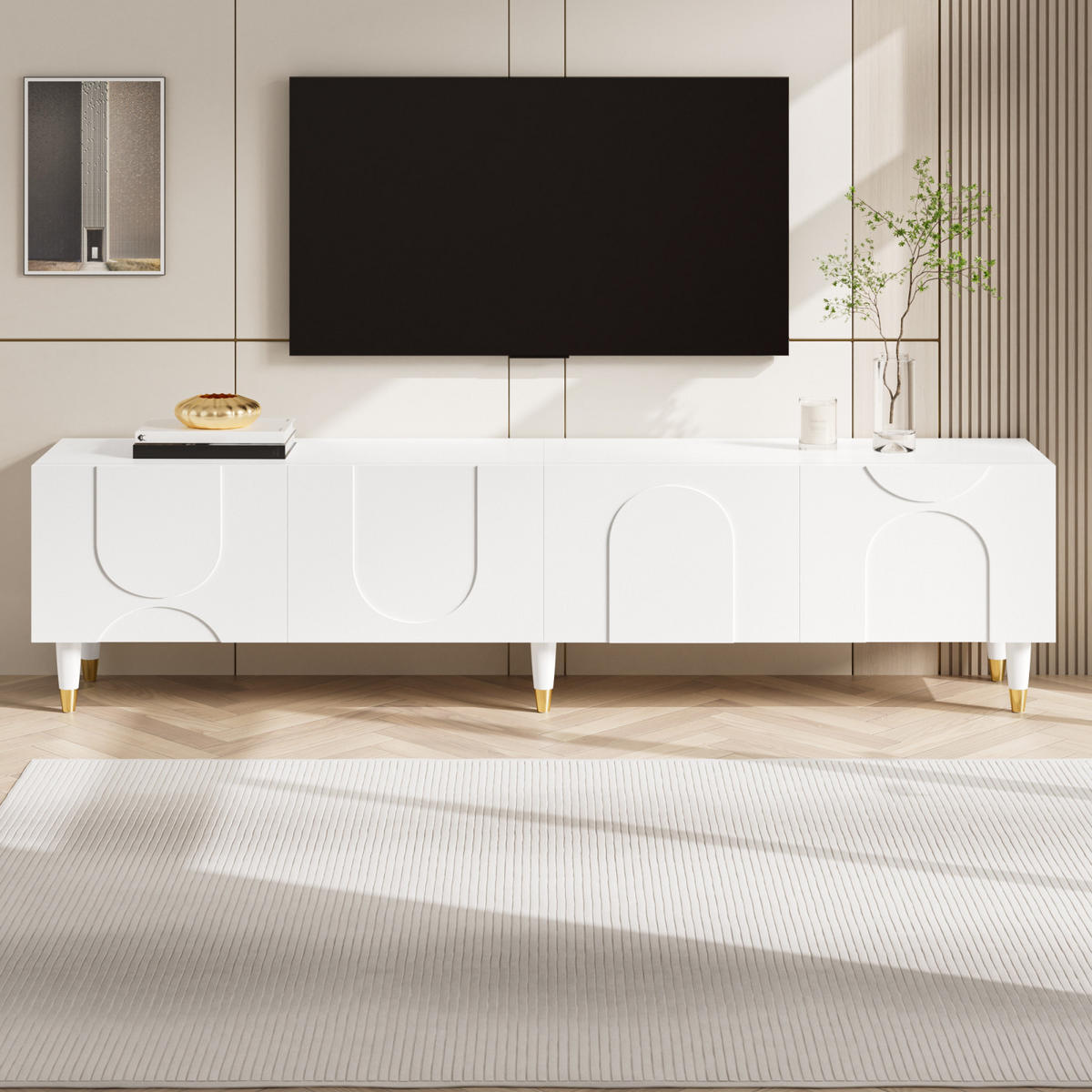 TV-LOWBOARD 180 x 40 x 50 cm aus MDF, 4 Türen, asymmetrische Bogenfront, Weiß - Weiß, Holzwerkstoff (180/50/40cm)