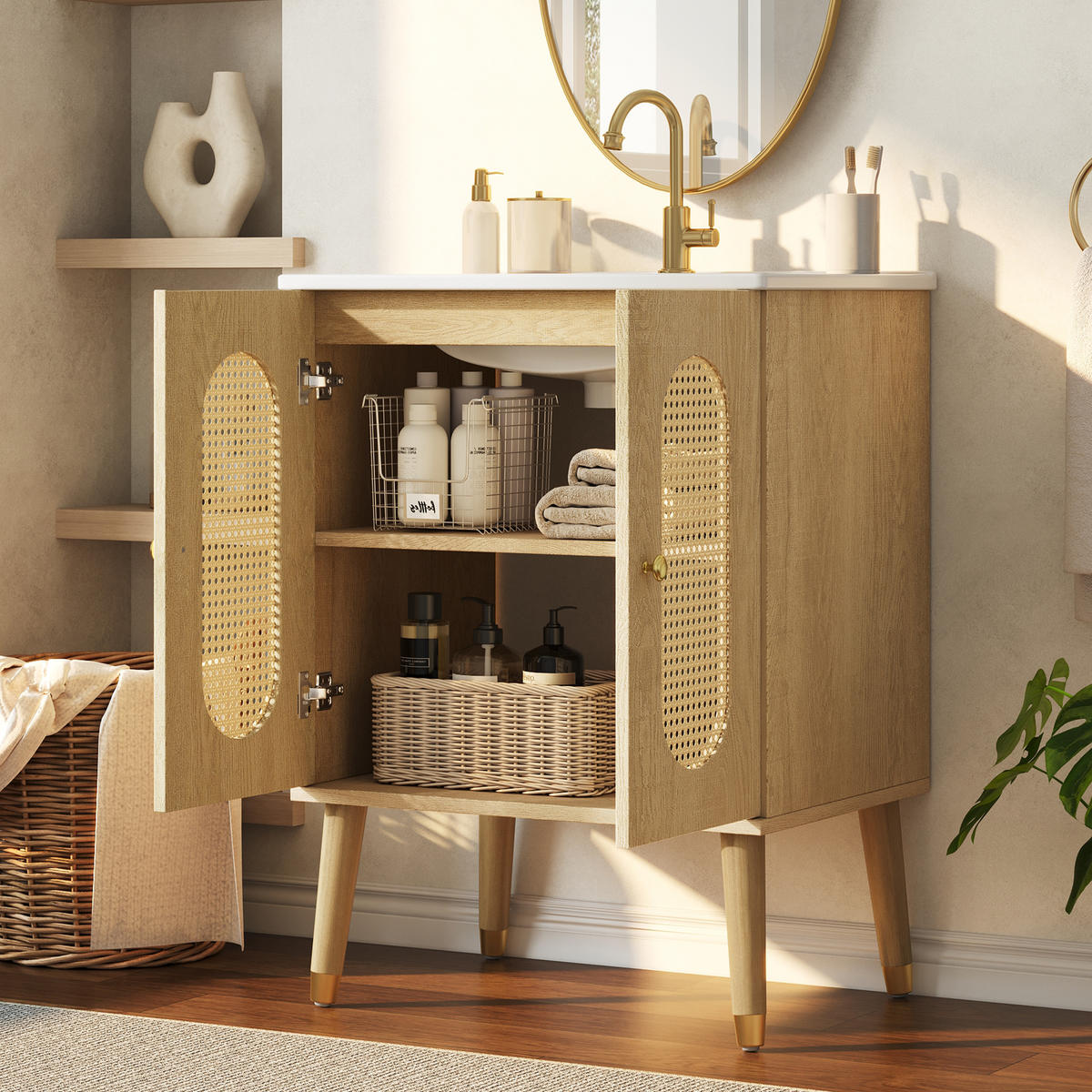 BADEZIMMERSCHRANK Rattan Türen Holzoptik Stauraum 61cm - Naturfarben, Keramik (61/89/47cm) - FLIEKS