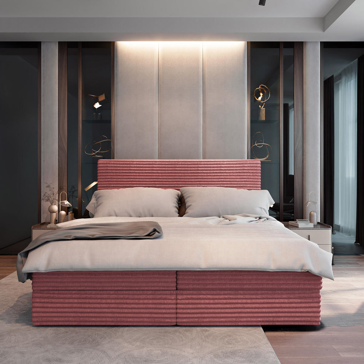 BOXBETT PISA 200x200 cm mit Matratze und Topper, H2+H3 - Rosa - Rosa, Holz (200/200cm) - MASSENO