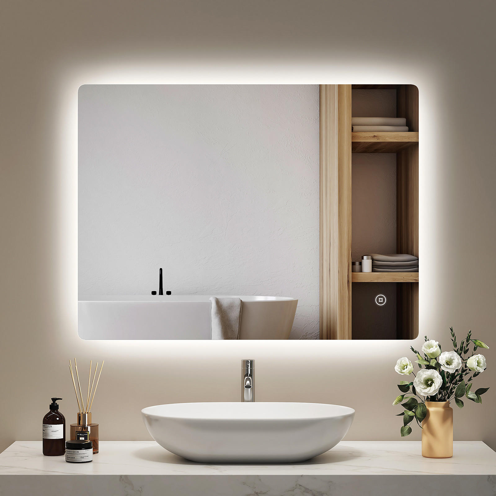 BADSPIEGEL mit Touch-Schalter Beleuchtung Rechteckig 80/60 cm - Weiß, Glas (60/3/80cm) - EMKE