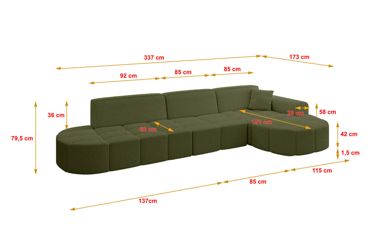 ECKSOFA Ottomane Links LIVO-L2 - 337x173x79,5 cm Hellgrau - Grau, Holzwerkstoff/Textil (337/173cm) - ALTDECOR