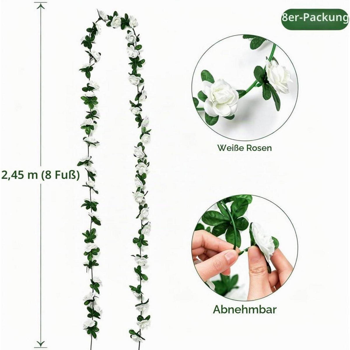 KÜNSTLICHE Blumengirlande 8-teiliges Set Weiß 2,45 m - Weiß, Kunststoff (5cm)