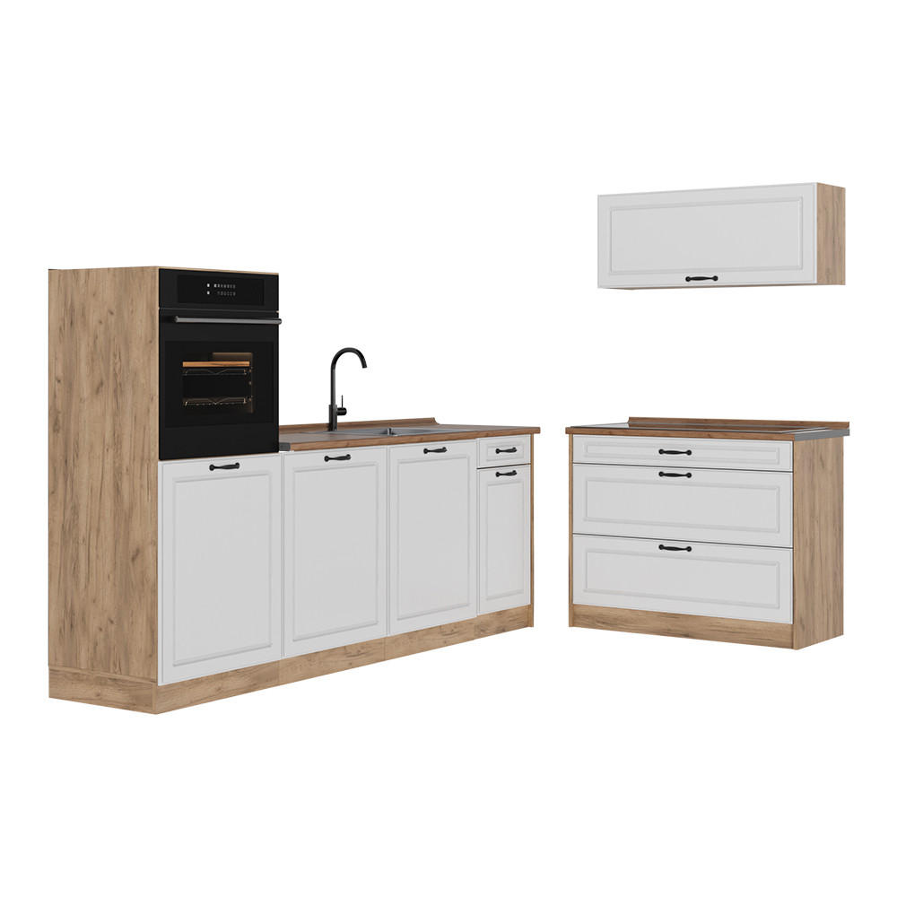 KÜCHENZEILE R-Line, Weiß Landhaus/Goldkraft Eiche, 220 cm Arbeitsplatte Goldkraft Eiche - Eichefarben/Weiß, Holzwerkstoff (220/143/60cm) - Vicco
