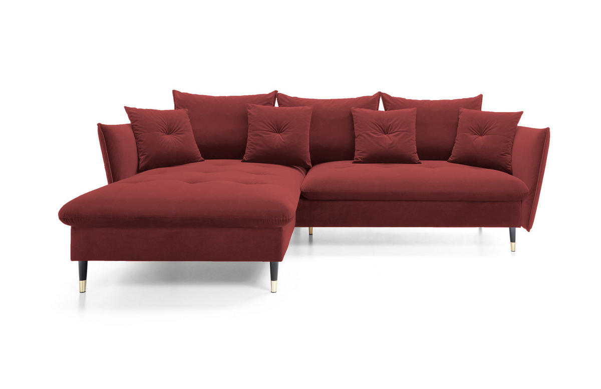 ECKSOFA GLAM mit Schlaffunktion, Ottomane & goldenen Füßen – Samtsofa im Glamour-Stil mit Zierkissen, 258x167x91cm, Linke, BURGUND - Bordeaux, Holz/Textil (167/258cm) - DomoHome