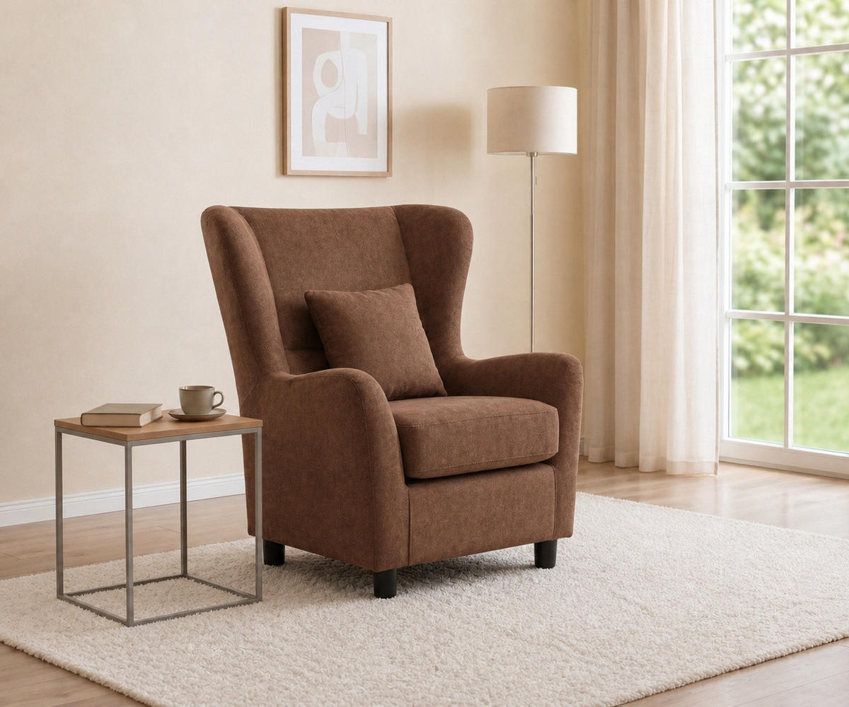 OHRENSESSEL mit HOCKER, hoher Sitzkomfort durch Taschenfederkern, Mikrofaser Braun / 16147 - Schwarz/Braun, Holz/Textil (89/95/79cm) - luma-home