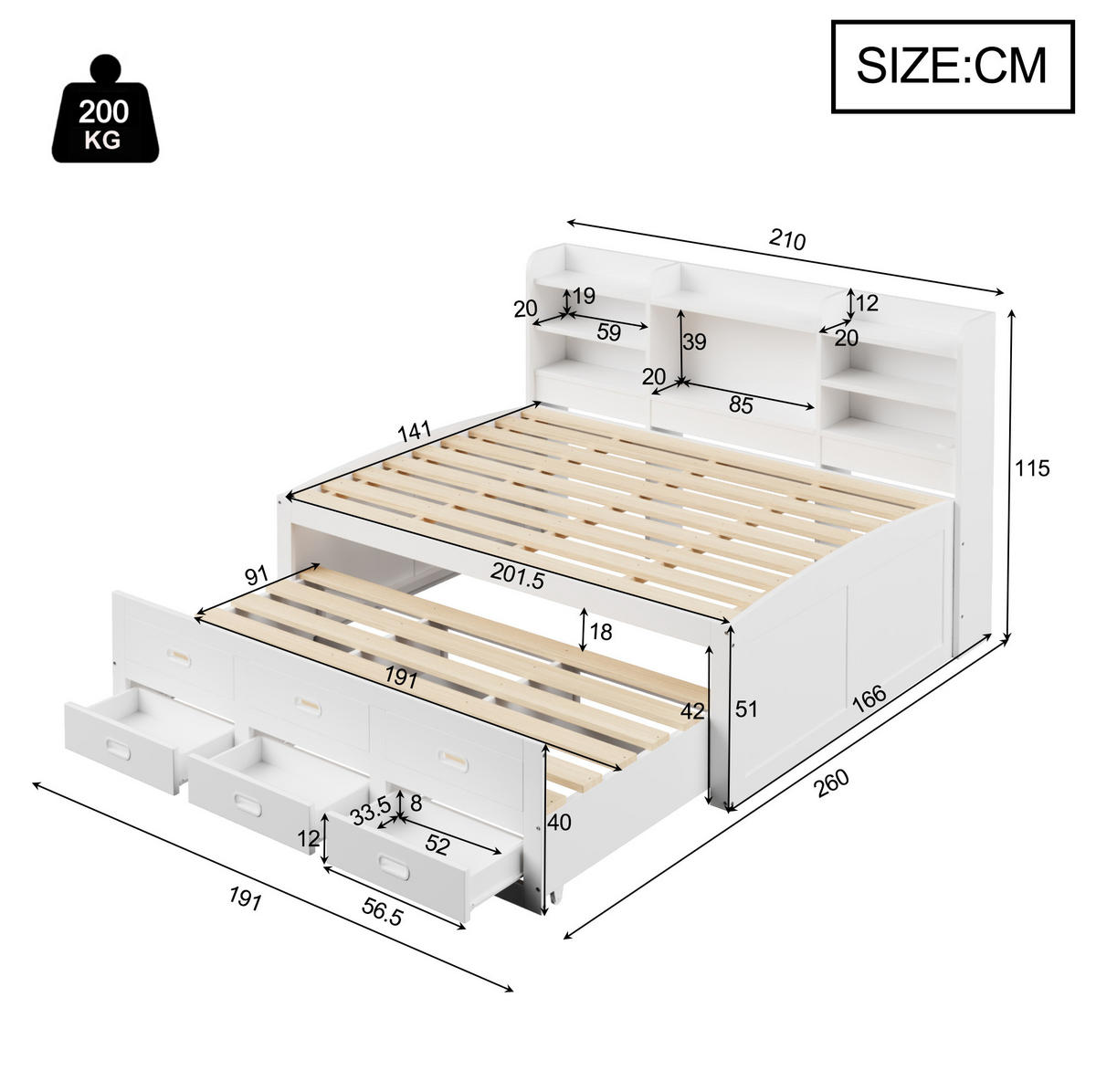 TAGESBETT 140/200 cm Weiß mit LED-Fernbedienung und 3 Schubladen - Weiß, Holzwerkstoff (140/200cm) - OKWISH
