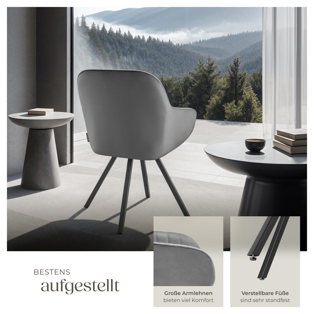 ARMLEHNSTUHL drehbarer 4er Set Snug 58 x 58 x 82 cm grau - Grau, Textil (58/82/58cm) - tectake