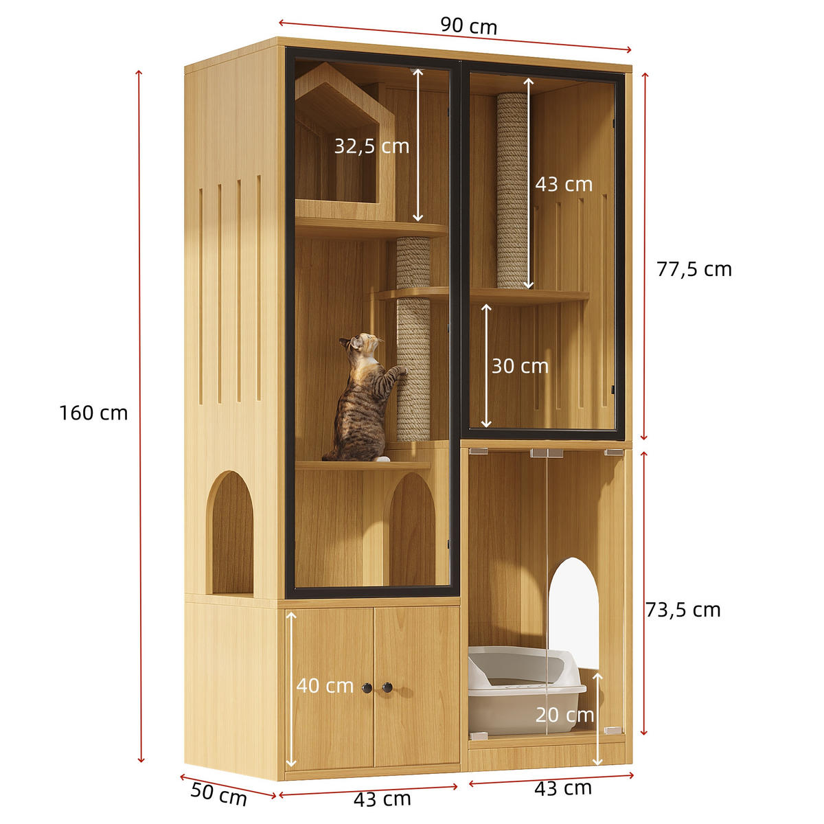 VYSOKÁ SKŘÍŇ sametový javor, domek pro kočky se škrabadlem, do obývacího pokoje, 90×50×160 cm - průhledná/barva sametového javoru, kompozitní dřevo/sklo (90/160/50cm) - STILVORA
