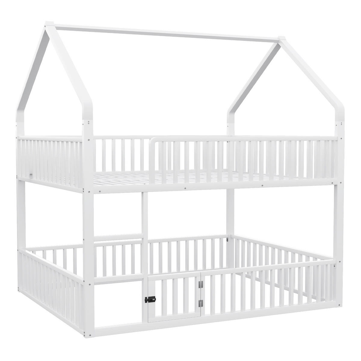 ETAGENBETT 140/200 cm Weiß aus Metall mit Haus-Design und Sicherheitsgeländern - Weiß, Metall (140/200cm) - OKWISH
