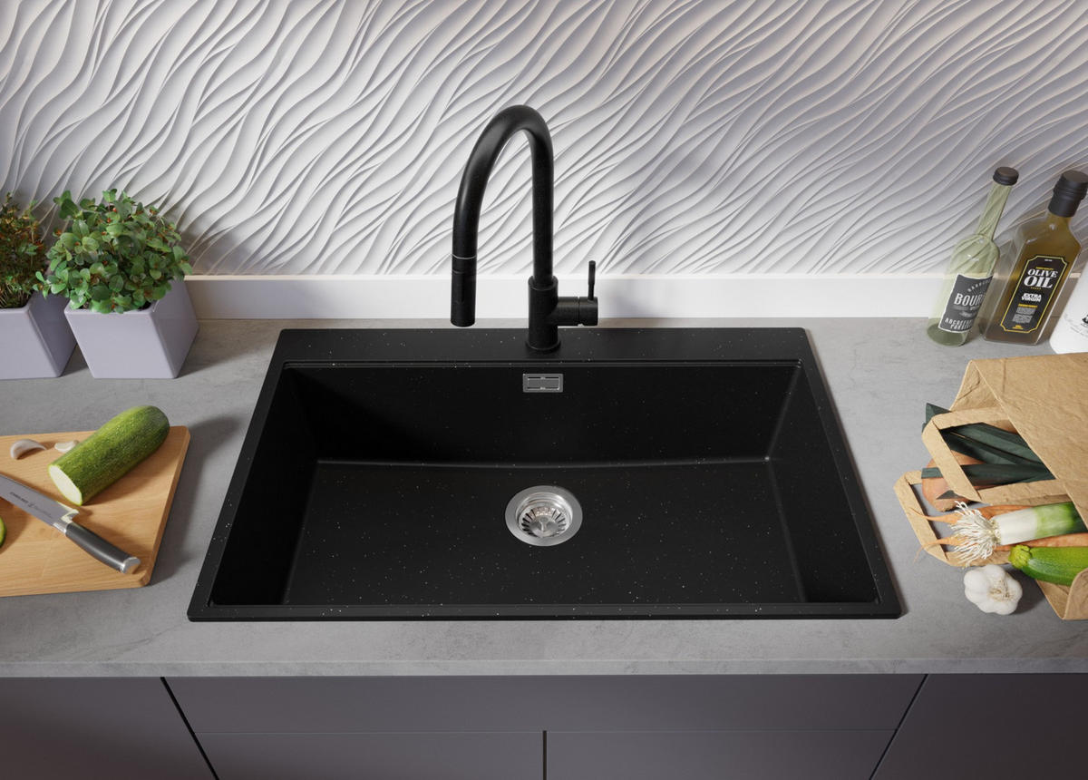SPÜLBECKEN Oslo, 3-er set Schwarz Metallic 78/50 cm, 1 Becken + Ablauf-Set + Schneidebrett ab 80er Unterschrank - Chromfarben/Schwarz Hochglanz, Kunststoff (78/20/50cm) - Primagran