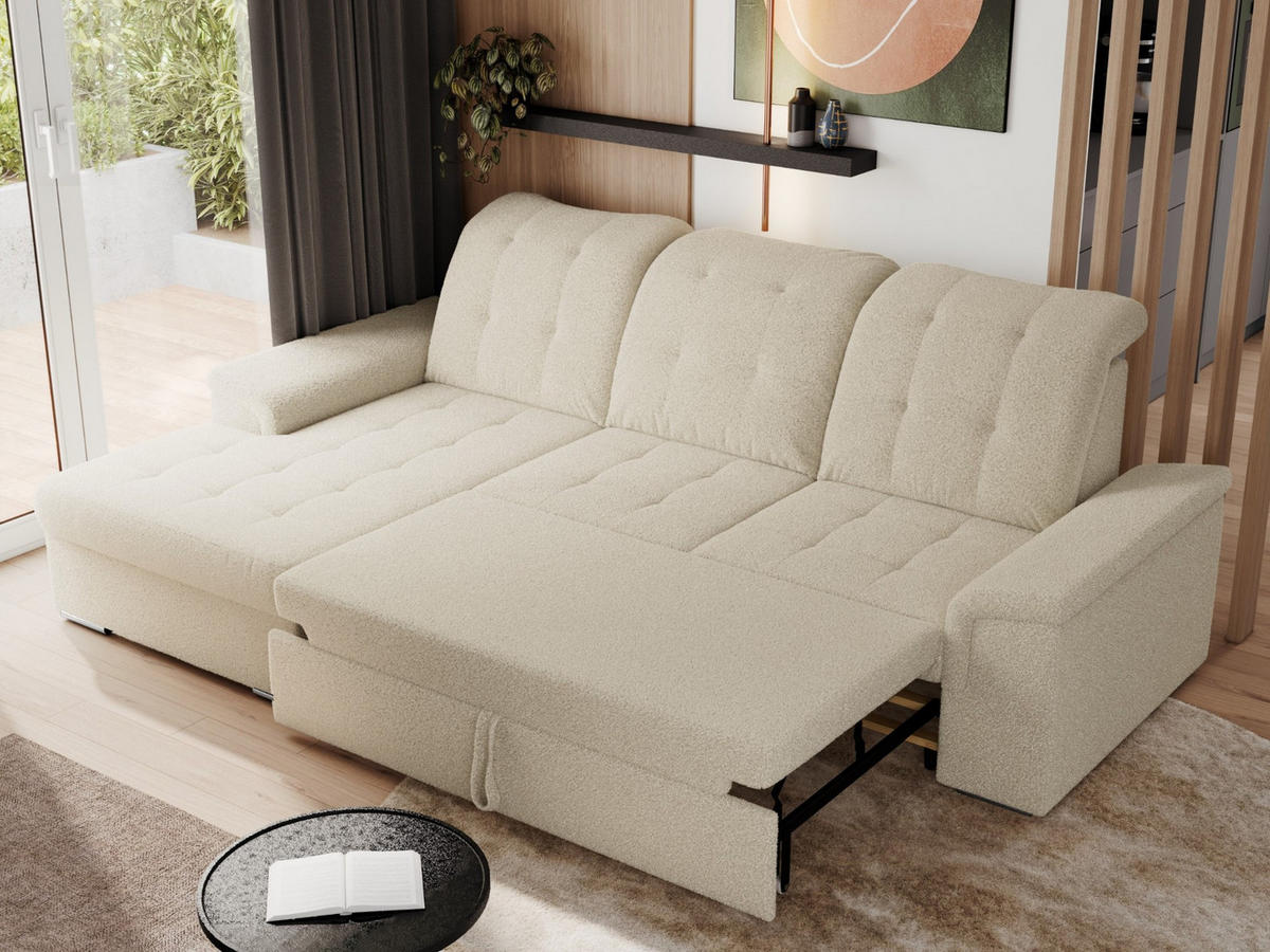 ECKSOFA MADRITO L - Beige Boucle - Links - Beige/Silberfarben, Textil/Metall (160/256cm)