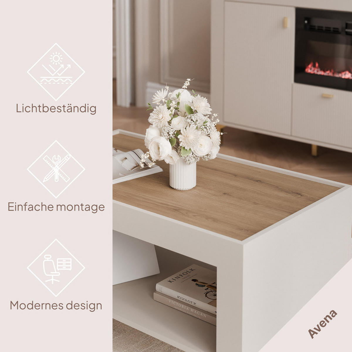 COUCHTISCH AVENA 97/56/47 cm Rechteckig, Kaschmir/Eiche - Kaschmir/Schwarz, Holzwerkstoff/Metall (56/97/47cm) - Idohome